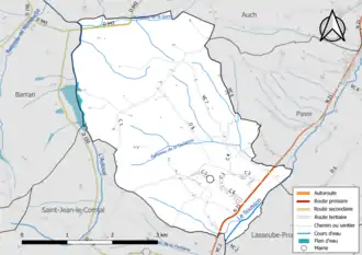 Carte en couleur présentant le réseau hydrographique de la commune