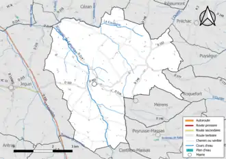 Carte en couleur présentant le réseau hydrographique de la commune