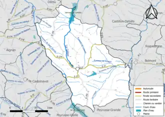 Carte en couleur présentant le réseau hydrographique de la commune