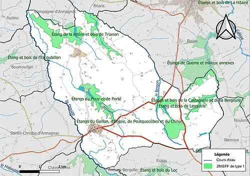 Carte des ZNIEFF de type 1 sur la commune.