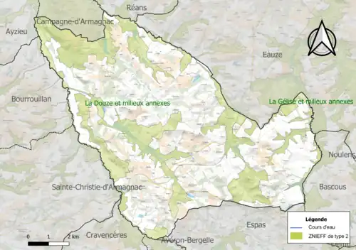 Carte des ZNIEFF de type 2 sur la commune.
