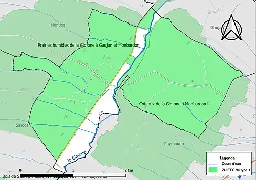 Carte des ZNIEFF de type 1 sur la commune.