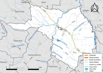Carte en couleur présentant le réseau hydrographique de la commune