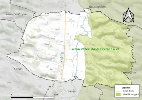 Carte de la ZNIEFF de type 2 sur la commune.