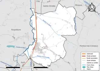 Carte en couleur présentant le réseau hydrographique de la commune