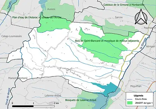Carte des ZNIEFF de type 1 sur la commune.