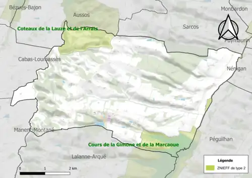 Carte des ZNIEFF de type 2 sur la commune.