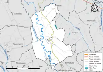 Carte en couleur présentant le réseau hydrographique de la commune