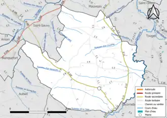 Carte en couleur présentant le réseau hydrographique de la commune