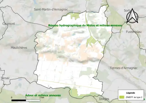Carte des ZNIEFF de type 2 sur la commune.