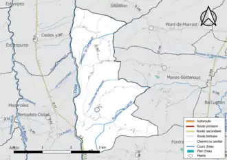 Carte en couleur présentant le réseau hydrographique de la commune