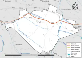 Carte en couleur présentant le réseau hydrographique de la commune
