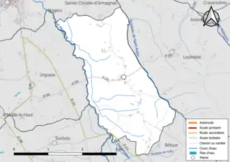 Carte en couleur présentant le réseau hydrographique de la commune