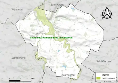 Carte de la ZNIEFF de type 2 sur la commune.