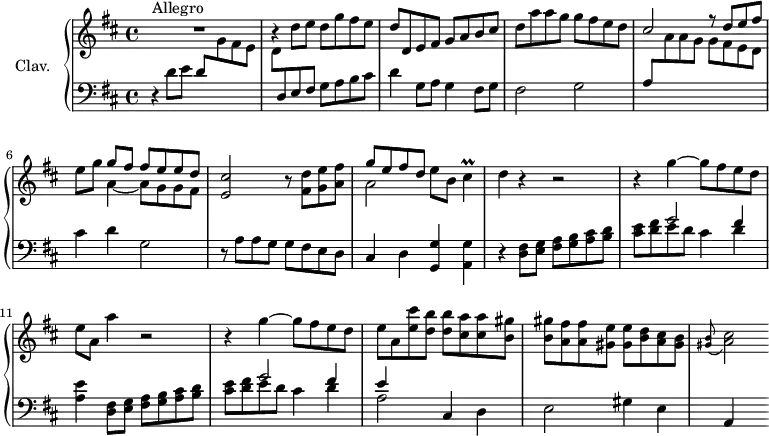 \version "2.18.2"
\header {
tagline = ##f
% composer = "Domenico Scarlatti"
% opus = "K. 236"
% meter = "Allegro"
}
%% les petites notes
trillCis = { \tag #'print { cis4\prall } \tag #'midi { d32 cis d cis~ cis8 } }
upper = \relative c'' {
\clef treble
\key d \major
\time 4/4
\tempo 4 = 124
\set Staff.midiInstrument = #"harpsichord"
\override TupletBracket.bracket-visibility = ##f
s8*0^\markup{Allegro}
R1 | b4\rest d8 e d g fis e | d d, e fis g a b cis |
% ms. 4
d a' a g g fis e d | \stemUp cis2 r8 d8 e fis | \stemNeutral e8 g << { g8 fis fis e e d } \\ { a4~ a8 g g fis } >> | < e cis' >2 r8 < fis d' >8 < g e' > < a fis' >
% ms. 8
<< { g'8 e fis d } \\ { a2 } >> e'8 b \trillCis | d4 r4 r2 | r4 g4~ g8 fis e d | e a, a'4 | r2 |
% ms. 12
r4 g4~ g8 fis e d | e a, < e' cis' >8 < d b' > q < cis a' > q < b gis' > | q < a fis' > q < gis e' > q < b d > < a cis > < gis b > \appoggiatura < gis b >8 < a cis >2
% ms. 16
% ms. 20
}
lower = \relative c' {
\clef bass
\key d \major
\time 4/4
\set Staff.midiInstrument = #"harpsichord"
\override TupletBracket.bracket-visibility = ##f
% ************************************** \appoggiatura a16 \repeat unfold 2 { } \times 2/3 { } \omit TupletNumber
r4 d8 e d \stemDown \change Staff = "upper" g fis e | d \stemNeutral \change Staff = "lower" d, e fis g a b cis | d4 g,8 a g4 fis8 g |
% ms. 4
fis2 g | a8 \stemDown \change Staff = "upper" a' a g g fis e d | \stemNeutral \change Staff = "lower" cis4 d g,2 | r8 a8 a g g fis e d |
% ms. 8
cis4 d < g, g' >4 < a g' > | r4 < d fis >8 < e g > < fis a > < g b > < a cis > < b d > | << { s4 g'2 fis4 } \\ { < cis e >8 < d fis > e d cis4 d } >> | < a e' >4 < d, fis >8 < e g > < fis a > < g b > < a cis > < b d > |
% ms. 12
<< { s4 g'2 fis4 | e } \\ { < cis e >8 < d fis > e d cis4 d | a2 } >> cis,4 d | e2 gis4 e | a,4 s4
% ms. 16
% ms. 20
}
thePianoStaff = \new PianoStaff <<
\set PianoStaff.instrumentName = #"Clav."
\new Staff = "upper" \upper
\new Staff = "lower" \lower
>>
\score {
\keepWithTag #'print \thePianoStaff
\layout {
#(layout-set-staff-size 17)
\context {
\Score
\override SpacingSpanner.common-shortest-duration = #(ly:make-moment 1/2)
\remove "Metronome_mark_engraver"
}
}
}
\score {
\keepWithTag #'midi \thePianoStaff
\midi { }
}