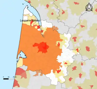 Localisation de l'aire d'attraction de Lesparre-Médoc dans le département de la Gironde.