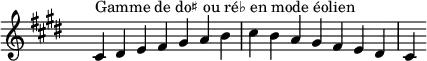 \relative c' {
\key cis \aeolian
\clef treble \time 7/4 \hide Staff.TimeSignature cis4^\markup { Gamme de do♯ ou ré♭ en mode éolien } dis e fis gis a b cis b a gis fis e dis cis
}