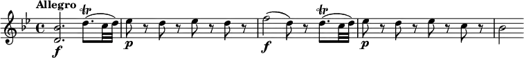 
\relative c'' {
  \override Score.NonMusicalPaperColumn #'line-break-permission = ##f
  \version "2.18.2"
  \key bes \major
  \tempo "Allegro"
  \tempo 4 = 140
  <bes d,>2.\f d8.\trill( c32 d) |
  es8\p r d r es r d r |
  f2\f (d8) r d8.\trill( c32 d) |
  es8\p r d r es r c r |
  bes2
}
