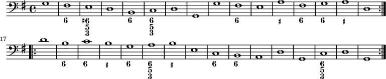 <<
\relative c' {
\version "2.18.2"
\key g \major
\time 4/4
\tempo ""
\clef bass
g1 fis e d b c d g,
g' fis e a fis g a d, \bar ":|.|:" \break
d' b c b g a b e,
c b a d g, c d g, \bar ":|."
}
\new FiguredBass {
\figuremode {
<_>1 <6> <6+ 5 3> <_> <6> <6 5 3> <_> <_>
<_> <6> <_> <_+> <6> <6> <_+> <_>
<_> <6> <6> <_+> <6> <6 5 3> <_+> <_>
<6> <6> <_> <_> <_> <6 5 3> <_> <_>
}
}
>>
