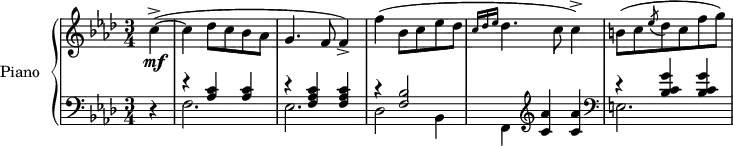 
\version "2.14.2"
\header {
  tagline = ##f
}
upper = \relative c'' {
  \clef treble 
  \key aes \major
  \time 3/4
  \tempo 4 = 114
  \tempo "Vivace"
  %\autoBeamOff

   \partial 4
   c4~->(\mf c des8 c bes aes g4. f8 f4->) f'( bes,8 c ees des \grace { c16[ des ees] } des4. c8 c4->)
   b!8( c \acciaccatura ees8 des c f g)
}

lower = \relative c' {
  \clef bass
  \key aes \major
  \time 3/4
   
   \partial 4 r4 
   << { r4 \repeat unfold 2 { < c aes >4} r4 \repeat unfold 2 { < c aes f >4} r4 < bes f >2 } \\ { f2. ees des2 bes4 f } >>
   \clef treble \repeat unfold 2 { < aes'' c, >4}
     \clef bass
   << { r4 \repeat unfold 2 { < g c, bes >4}  } \\ { e,!2. } >>

} 

\score {
  \new PianoStaff <<
    \set PianoStaff.instrumentName = #"Piano"
    \new Staff = "upper" \upper
    \new Staff = "lower" \lower
  >>
  \layout {
    \context {
      \Score
      \remove "Metronome_mark_engraver"
    }
  }
  \midi { }
}
