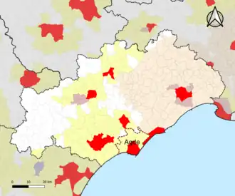 Localisation de l'aire d'attraction d'Agde dans le département de l'Hérault.