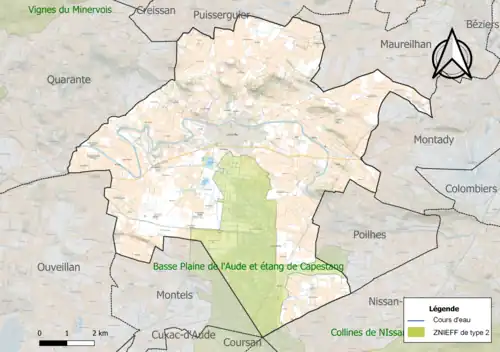 Carte de la ZNIEFF de type 2 sur la commune.