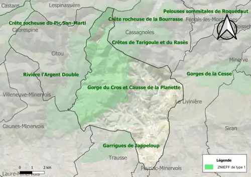 Carte des ZNIEFF de type 1 sur la commune.