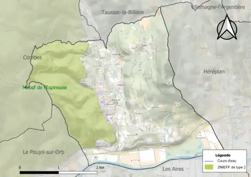 Carte de la ZNIEFF de type 2 sur la commune.
