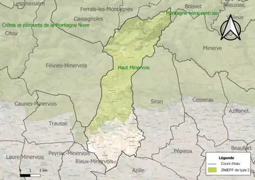 Carte des ZNIEFF de type 2 sur la commune.