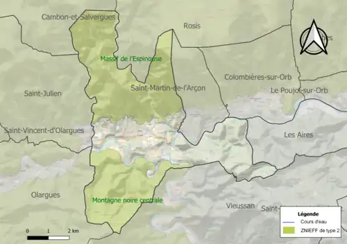 Carte des ZNIEFF de type 2 sur la commune.