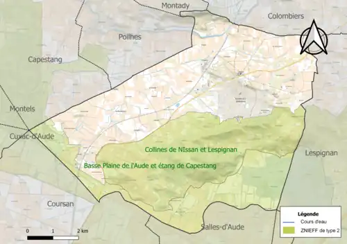 Carte des ZNIEFF de type 2 sur le territoire de la commune.