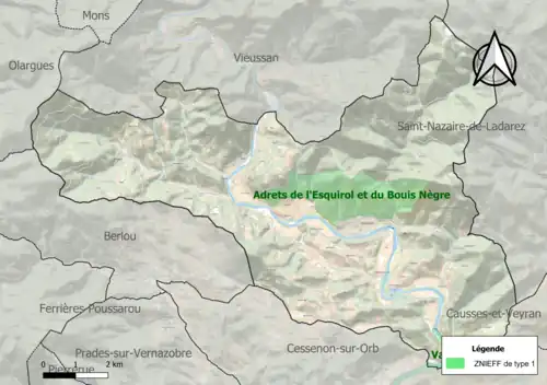 Carte des ZNIEFF de type 1 sur la commune.