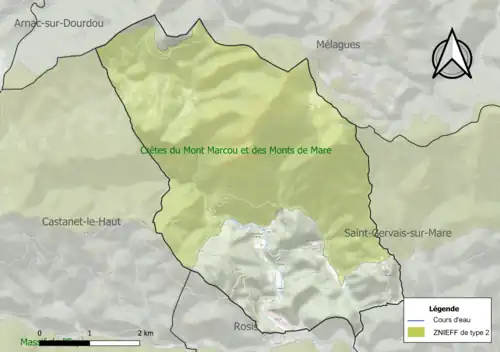 Carte de la ZNIEFF de type 2 sur la commune.