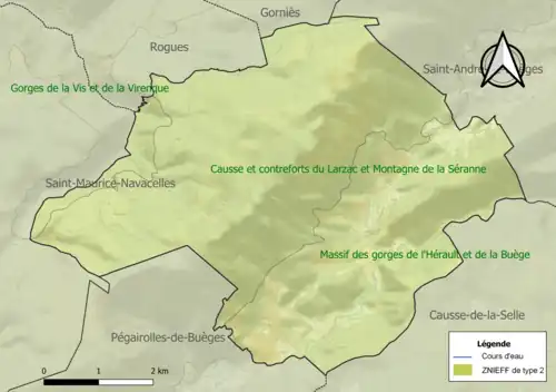 Carte des ZNIEFF de type 2 sur la commune.