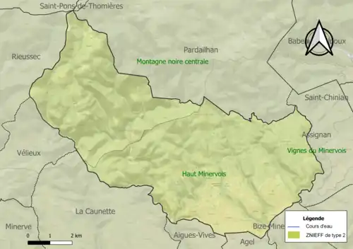 Carte des ZNIEFF de type 2 sur la commune.