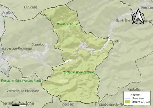 Carte des ZNIEFF de type 2 sur la commune.