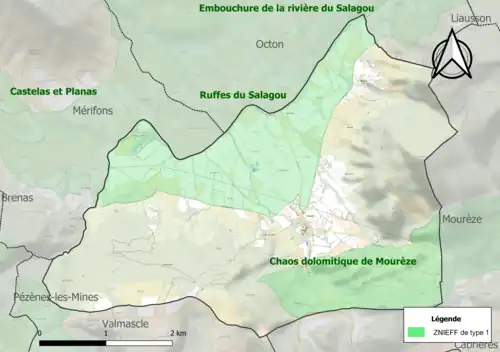 Carte des ZNIEFF de type 1 sur la commune.