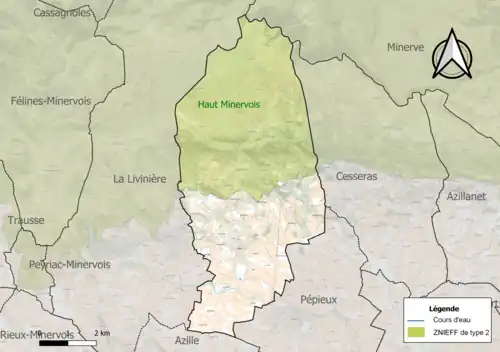 Carte de la ZNIEFF de type 2 sur la commune.