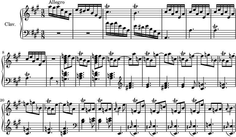 
\version "2.18.2"
\header {
  tagline = ##f
  % composer = "Domenico Scarlatti"
  % opus = "K. 62"
  % meter = "Allegro"
}

%% les petites notes
trillCispUp     = { \tag #'print { cis'4.\trill } \tag #'midi { d32 cis d cis~ cis4 } }
trillbpUp       = { \tag #'print { b4.\trill } \tag #'midi { cis32 b cis b~ b4 } }
trillAp         = { \tag #'print { a4.\trill } \tag #'midi { b32 a b a~ a4 } }
trillCq         = { \tag #'print { c8\trill } \tag #'midi { d32 c d c } }
trillBesq       = { \tag #'print { bes8\trill } \tag #'midi { c32 bes c bes } }
trillAq         = { \tag #'print { a8\trill } \tag #'midi { b32 a b a } }
trillFqDown     = { \tag #'print { f,8\trill } \tag #'midi { g32 f g f } }
trillFq         = { \tag #'print { f8\trill } \tag #'midi { g32 f g f } }
appoBp          = { \tag #'print { \appoggiatura a16 b4. } \tag #'midi { a8   \tempo 4. = 50 b4   \tempo 4. = 82 } }

upper = \relative c'' {
  \clef treble 
  \key a \major
  \time 3/8
  \tempo 4. = 82
  \set Staff.midiInstrument = #"harpsichord"
  \override TupletBracket.bracket-visibility = ##f

      s8*0^\markup{Allegro}
       a'16 gis a e cis a  e' dis e b gis e | \trillCispUp | \trillbpUp | \repeat unfold 4 { cis16 e a, cis e, a } |
      % ms. 9
      R4. | < gis b d f >8 f' d | \trillCq b a | 
      % ms. 12
      < gis b d f >8 f' d | \trillCq b c~ | c a' c, |  \trillCq b g'~ | g a c, |  \trillCq b f'~ |
      % ms. 18
      f8  g bes, | \trillBesq a8 f'~ | f g bes,8 | \trillBesq a8 e'~ | e  f a, | \trillAq g8 a |
      % ms. 24
      \trillAq g8 a | \appoggiatura a32 b4 e8 | \trillFqDown e8 d' | \trillFqDown e8 c' | \trillFqDown e8 b' | \trillFq e8 e' |
      % ms. 30
      a,8 g a | \appoBp |

}

lower = \relative c' {
  \clef bass
  \key a \major
  \time 3/8
  \set Staff.midiInstrument = #"harpsichord"
  \override TupletBracket.bracket-visibility = ##f

    % ************************************** \appoggiatura a16  \repeat unfold 2 {  } \times 2/3 { }   \omit TupletNumber 
      R4.*2 | a'16 gis a e cis a  e' dis e b gis e | a,4. |
      % ms. 6
      a'4. \trillAp \trillAp a4 r8 | \repeat unfold 2 { < g d' f >4. | < a c e > }
      % ms. 14
        \clef treble < dis fis a >4. < e gis > < dis fis a > < e gis >4 d8 |
      % ms. 18
      \repeat unfold 2 { < cis g' >4. < d g > } | < c e a >4.  |  \repeat unfold 2 { \clef bass <b d >4 < c e >8 } |
      % ms. 25
      e,,4. \repeat unfold 4 { \appoggiatura dis'32 < e, e' >4. }
      % ms. 30
      < e f' >4. \appoggiatura dis'16 < e, e' >4.

}

thePianoStaff = \new PianoStaff <<
    \set PianoStaff.instrumentName = #"Clav."
    \new Staff = "upper" \upper
    \new Staff = "lower" \lower
  >>

\score {
  \keepWithTag #'print \thePianoStaff
  \layout {
      #(layout-set-staff-size 17)
    \context {
      \Score
     \override SpacingSpanner.common-shortest-duration = #(ly:make-moment 1/2)
      \remove "Metronome_mark_engraver"
    }
  }
}

\score {
  \keepWithTag #'midi \thePianoStaff
  \midi { }
}
