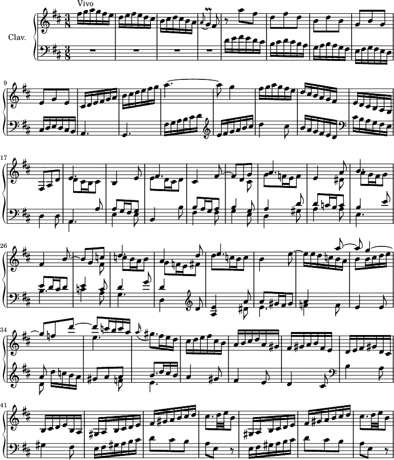 \version "2.18.2"
\header {
tagline = ##f
% composer = "Domenico Scarlatti"
% opus = "K. 224"
% meter = "Vivo"
}
%% les petites notes
trillG = { \tag #'print { g4\prall } \tag #'midi { a32 g a g~ g8 } }
upper = \relative c'' {
\clef treble
\key d \major
\time 3/8
\tempo 4. = 72
\set Staff.midiInstrument = #"harpsichord"
\override TupletBracket.bracket-visibility = ##f
s8*0^\markup{Vivo}
fis16 g a g fis e | d e fis e d cis | b cis d cis b a | \appoggiatura a8 \trillG \tempo 4. = 56 fis8 \tempo 4. = 72 | r8 a'8 fis | d fis d |
% ms. 7
b d b | g b g | e g e | cis16 d e fis g a | b cis d e fis g | a4.~ |
% ms. 13
a8 g4 | fis16 g a g fis e | d cis b a g fis | e d cis b a g | fis8 a d | << { e4. } \\ { d8 cis16 b cis8 } >>
% ms. 19
b4 e8 | << { fis4. } \\ { e8 d16 cis d8 } >> | cis4 << { fis8~ | fis d g | a4. | e4 a8 | b4. } \\ { s8 | s4 cis,8 | g' f!16 e f8 | s4 dis8 | a'8 g16 fis g8 } >>
% ms. 26
fis4 << { b8~ | b g c! | d4. | a4 d8 | e4. } \\ { s8 | s4 fis,8 | c'8 b16 a b8 | g f!16 e fis8 | d'8 c!16 b c8 } >> |
% ms. 31
b4 << { s8 | s4 a'8~ | a g4~ | g8 f d'~ | d c!16 b c a } \\ { e8^~ | e16 e d c b a | b8 b16 cis d e | s4. | e4. } >> |
\appoggiatura a16 gis8. fis16 e d | cis d e fis cis b | a b cis d a gis |
% ms. 39
fis16 gis a b fis e | d e fis gis d cis | b cis d e b a | \repeat unfold 2 { gis a b cis d e | fis gis a b cis d | cis8. d32 e b8 }
}
lower = \relative c' {
\clef bass
\key d \major
\time 3/8
\set Staff.midiInstrument = #"harpsichord"
\override TupletBracket.bracket-visibility = ##f
% ************************************** \appoggiatura a16 \repeat unfold 2 { } \times 2/3 { } \omit TupletNumber
R4.*4 | d16 e fis e d cis | b cis d cis b a |
% ms. 7
g16 a b a g fis | e fis g fis e d | cis d e d cis b | a4. | g | fis'16 g a b cis d \clef treble |
% ms. 13
e16 fis g a b cis | d4 cis8 | b16 a g fis e d \clef bass | cis b a g fis e | d4 d8 |
% ms. 18
<< { a4 a'8 | a g16 fis g8 } \\ { \mergeDifferentlyDottedOn a,4. | e'4 e8 } >> | b4 b'8 |
<< { b8 a16 g a8 | b4 g8 | a4 d8 | d c!16 b c8 | b4 e8 } \\ { fis,4 fis8 | g4 e8 | d4 gis8 | a4 a8 | e4. } >>
% ms. 26
<< { e'8 d16 cis d8 | e4 c8 | d4 g8 | d4 } \\ { b4. | c!4 a8 | g4. | d4 } >> \clef treble d'8 |
< a e' >4 << { a'8 | a gis16 fis gis8 | a4 } \\ { dis,8 | e4. | f4 f8 } >>
% ms. 33
e4 e8 | << { a8 } \\ { d,8 } >> d'16 c b a | << { gis8 a a | b8. d16 cis b } \\ { s4 f8 | e4. } >> | a4 gis8 | fis4 e8 |
% ms. 39
d4 cis8 \clef bass | b4 a8 | gis4 fis8 |
\repeat unfold 2 { e16 fis gis a b cis | d8 cis b | a e r8 }
}
thePianoStaff = \new PianoStaff <<
\set PianoStaff.instrumentName = #"Clav."
\new Staff = "upper" \upper
\new Staff = "lower" \lower
>>
\score {
\keepWithTag #'print \thePianoStaff
\layout {
#(layout-set-staff-size 17)
\context {
\Score
\override SpacingSpanner.common-shortest-duration = #(ly:make-moment 1/2)
\remove "Metronome_mark_engraver"
}
}
}
\score {
\keepWithTag #'midi \thePianoStaff
\midi { }
}