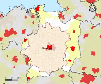 Localisation de l'aire d'attraction de Rennes dans le département d'Ille-et-Vilaine.