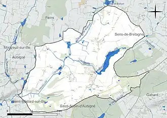 Carte en couleur présentant le réseau hydrographique de la commune