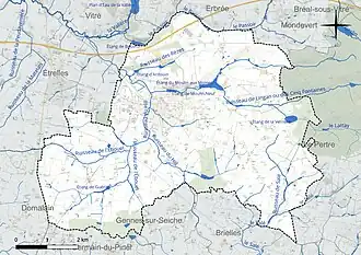 Carte en couleur présentant le réseau hydrographique de la commune