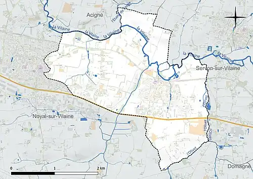 Carte en couleur présentant le réseau hydrographique de la commune