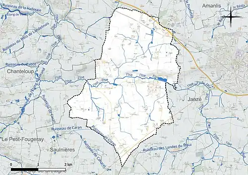 Carte en couleur présentant le réseau hydrographique de la commune