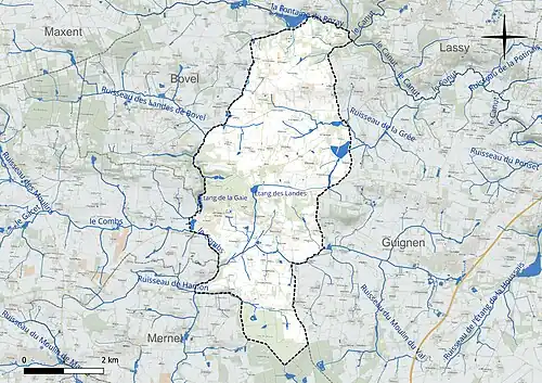 Carte du réseau hydrographique de La Chapelle-Bouëxic.