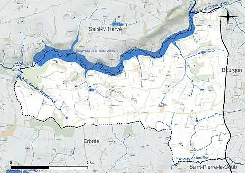 Carte en couleur présentant le réseau hydrographique de la commune