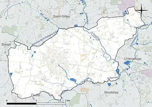 Carte en couleur présentant le réseau hydrographique de la commune