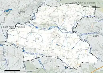 Carte en couleur présentant le réseau hydrographique de la commune