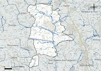 Carte en couleur présentant le réseau hydrographique de la commune